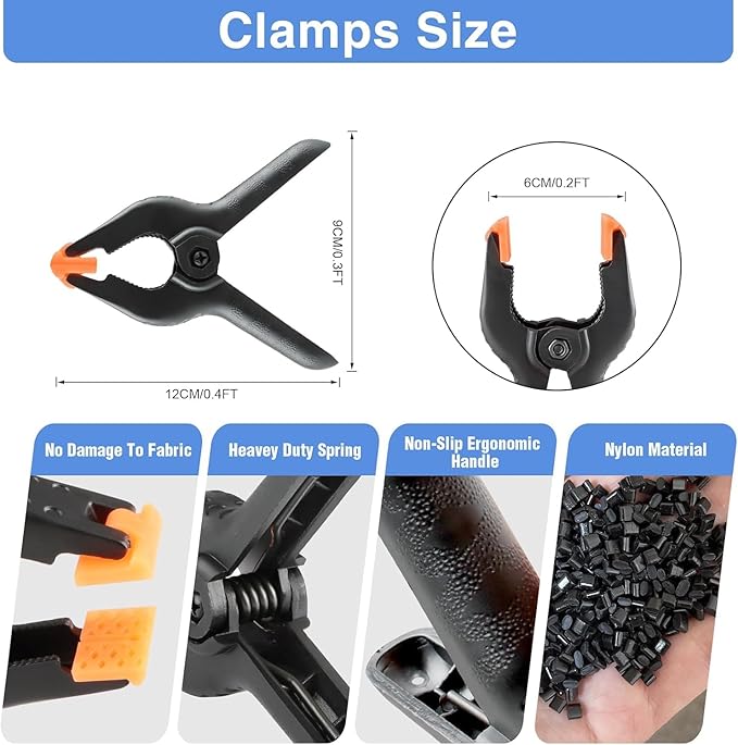 6 Pack 4.5 Inch Heavy Duty Spring Clamps + 6 Pack Backdrop Clips, Elastic Nylon - Image 2