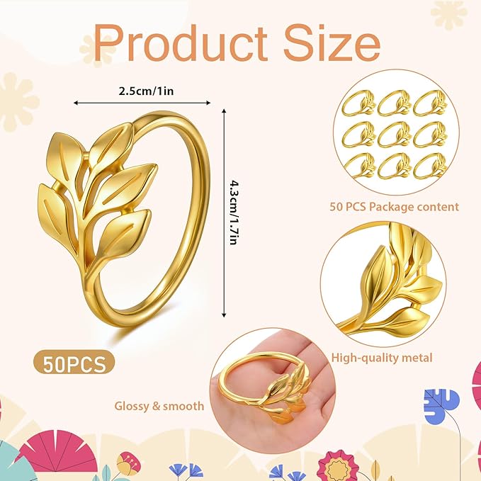 Leaf Napkin Rings Set of 50 Metal Gold Napkin Holder Stylish Fall Napkins Ring - Image 2