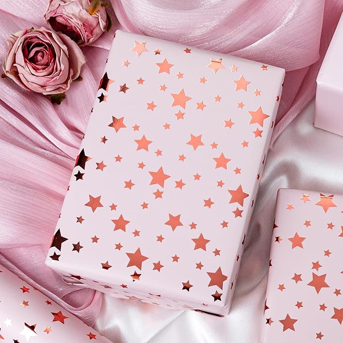 Burymento Gold Foil Five-Pointed Star Wrapping Paper, Reversible Pink Gift Wrap - Image 2