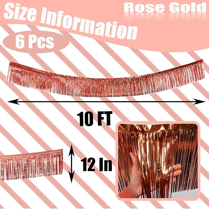 6 Pack 10 Feet Rose Gold Foil Fringe Garland Metallic Tinsel Streamers Banner - Image 2