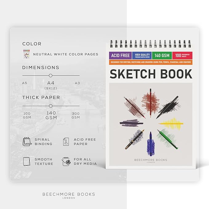 BEECHMORE BOOKS 9x12 Spiral Sketchbook – 140 GSM Acid-Free Paper, 100 - Image 2