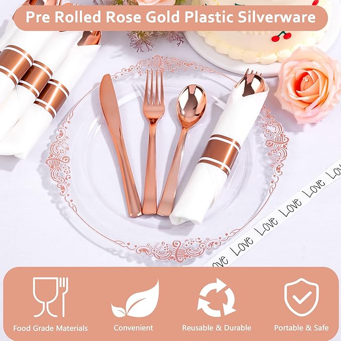 400PCS Pre Rolled Rose Gold Plastic Silverware Sets - Image 7