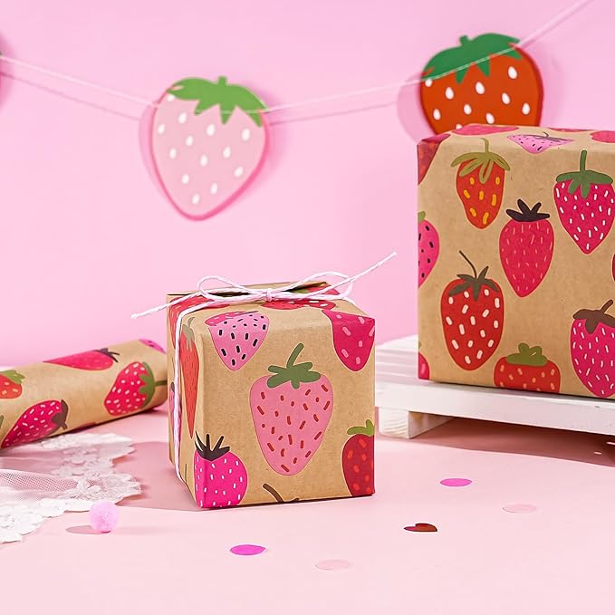 WRAPAHOLIC Kraft Strawberry Wrapping Paper Roll - Image 6
