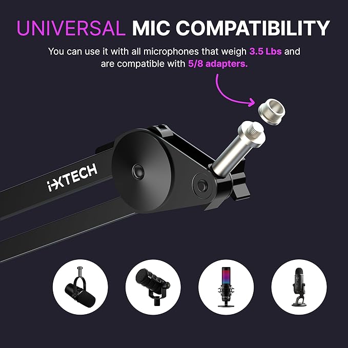 IXTECH Microphone Boom Arm Stand, Heavy Duty Adjustable Mic Stand - Image 2
