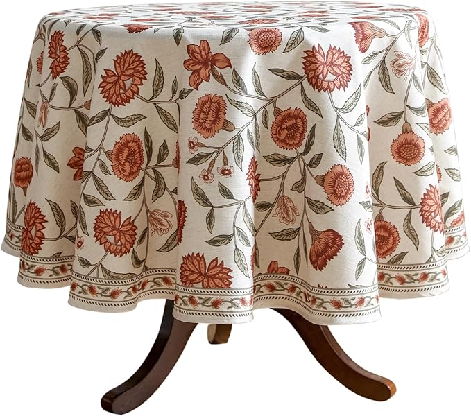 ISAENNE Designer French Small Round Tablecloth, Linen Orange Floral Pattern by Isaennehomedecoration