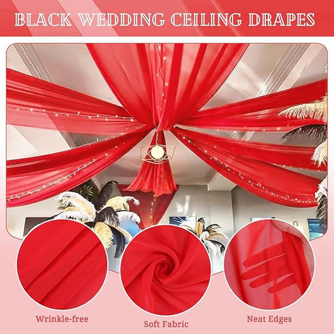 6 Panels Red Ceiling Drapes for Wedding 5ftx30ft Chiffon Fabric Arch Draping - Image 3