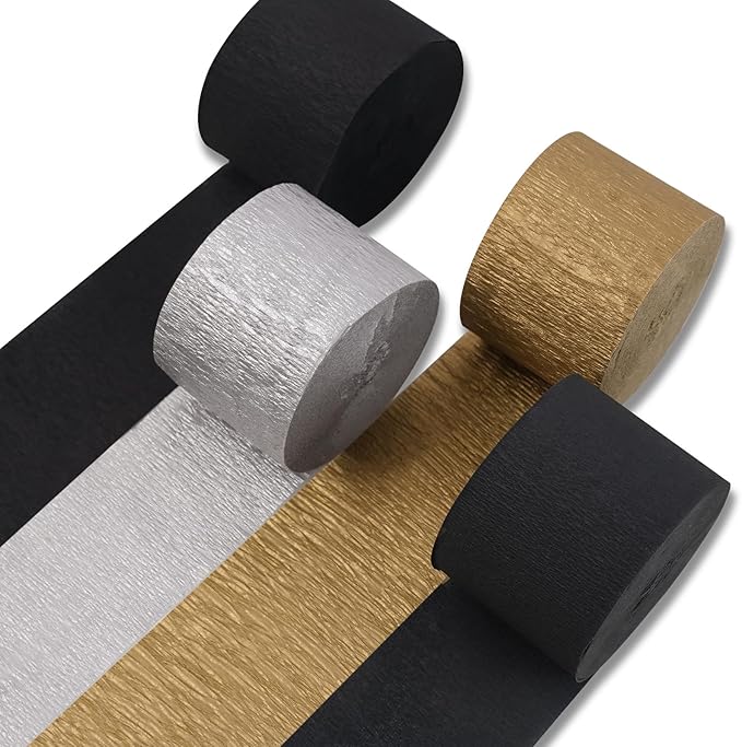 PartyWoo Black Gold Silver Crepe Paper Streamers 4 Rolls 328 ft Pack of Black by PartyWoo