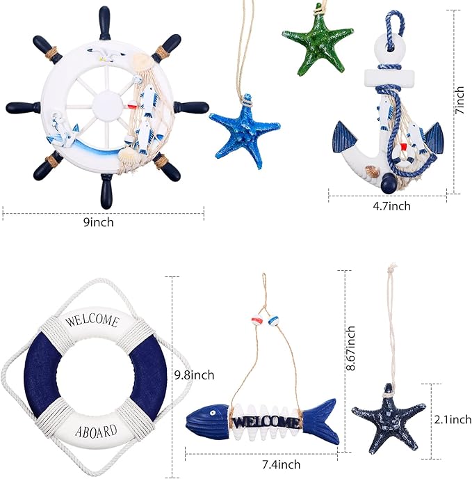 Marsui 11 Pcs Wooden Nautical Wall Decor Fishing Net Decorations, Include - Image 2