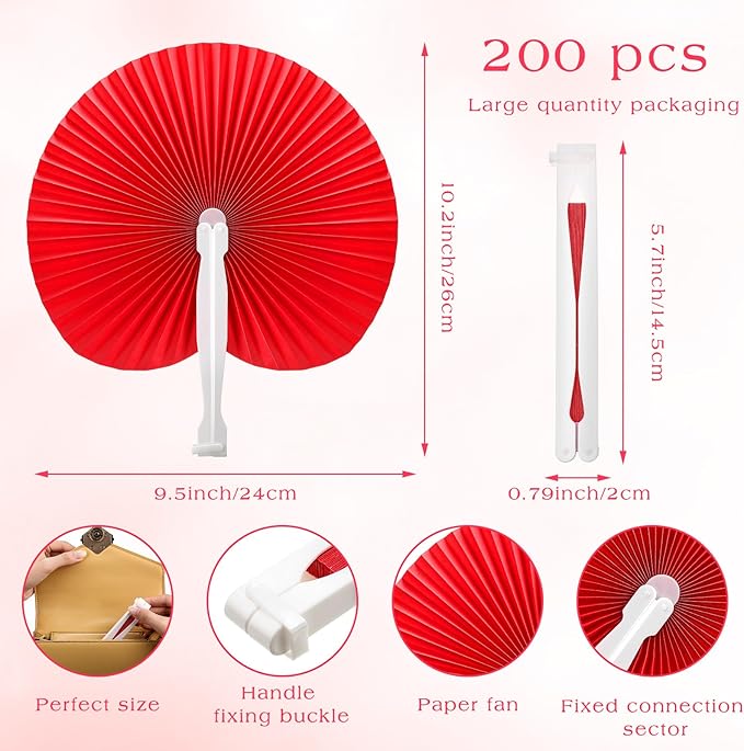 Handepo 200 Pieces Wedding Fans Folding Paper Fans Paper Fans Round Shaped - Image 2