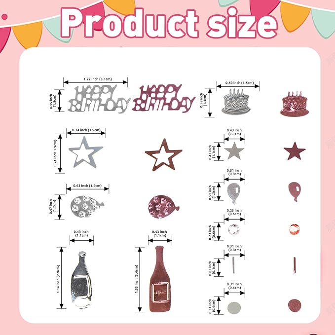 VHUWE Happy Birthday Confetti, 1.6 oz Rose Gold Silver Cake Balloon Star Goblet - Image 2