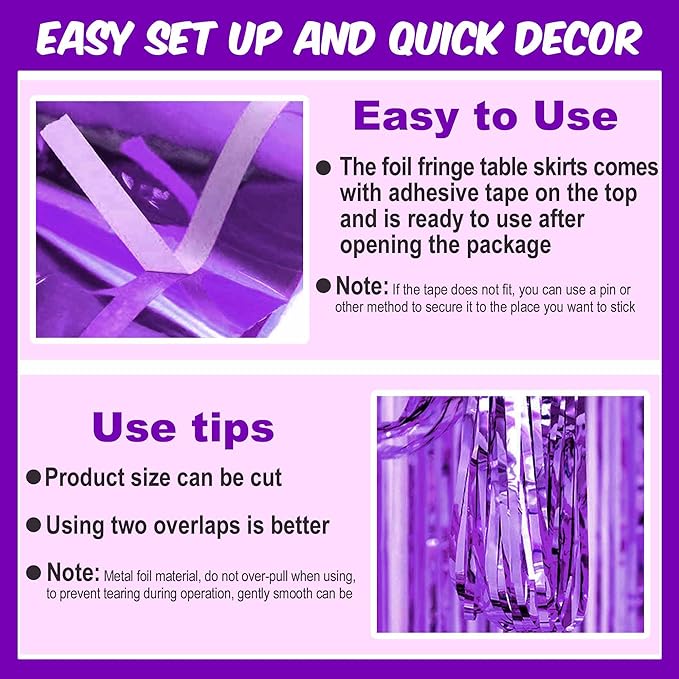 3 Pack 29 x108 Inch Purple Foil Fringe Table Skirts Metallic Banner - Image 2