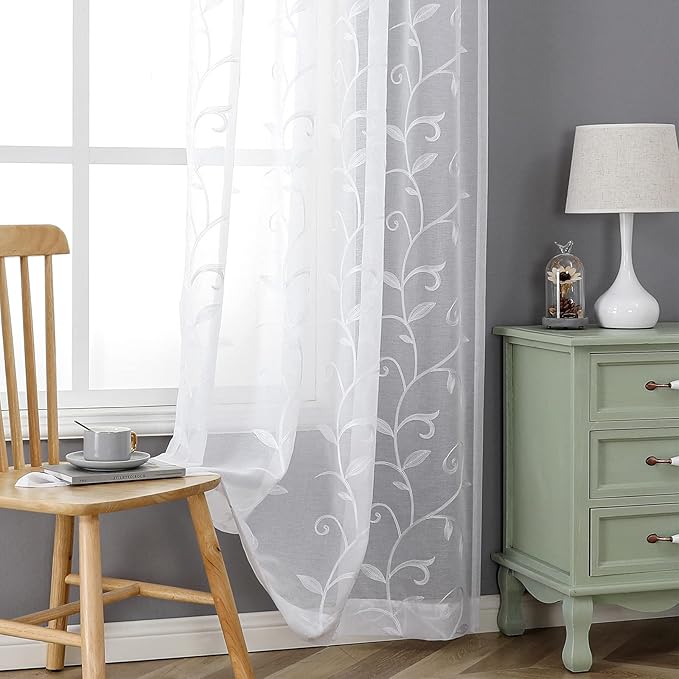 VISIONTEX White Leaves Sheer Voile Curtains, Decorative Embroidery Rod Pocket - Image 6