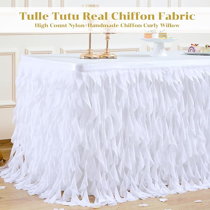 Partisky White Tulle Curly Willow Table Skirt - Image 4