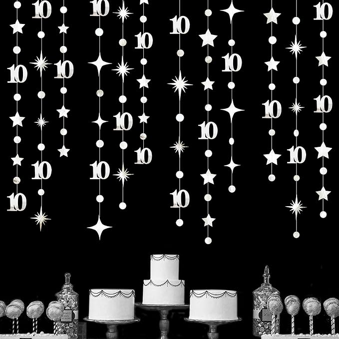 Silver 10th Birthday Decorations Number 10 Circle Dot Twinkle Star Garland by pinkblume