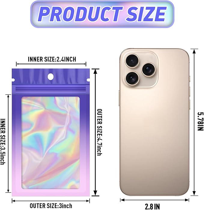Funfery 100 Pack Gradient Holographic Bags, Resealable Bags - Image 2