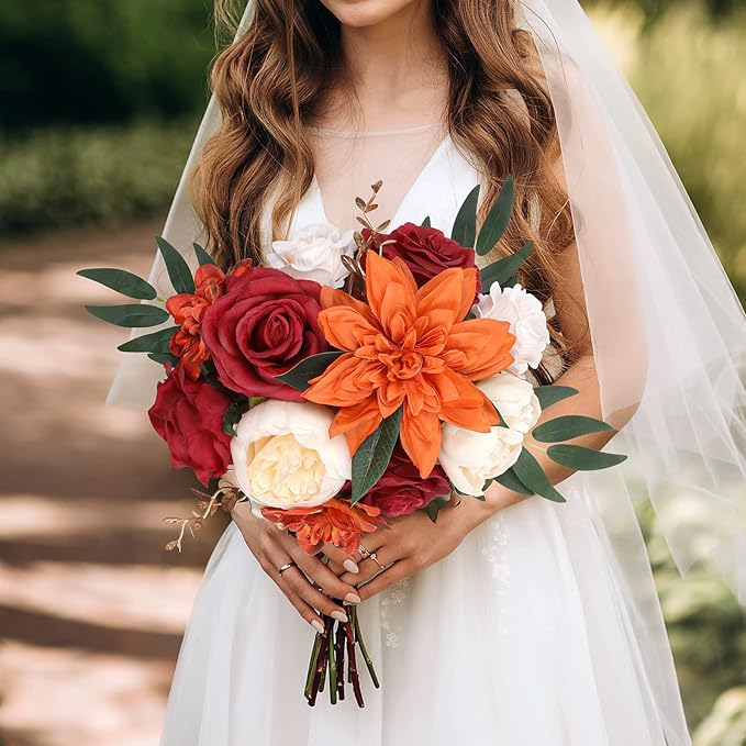 AmyHomie Orange Artificial Flowers Combo Silk Mix Peony Rose Hydrangea Fake - Image 2