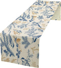 Chinoiserie Flowers Table Runner, Seasonal Spring Fall Plants Blue Florals by SHElifestyle