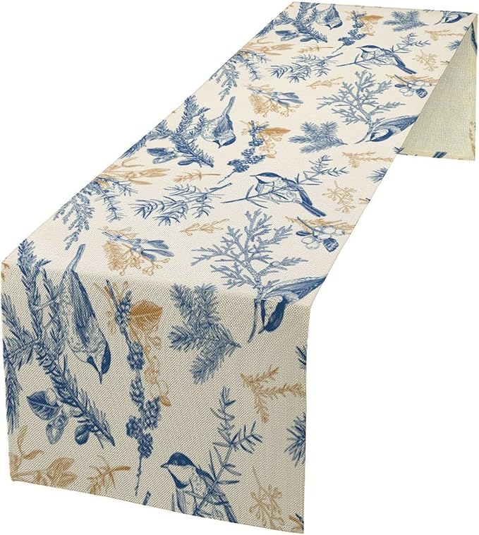 Chinoiserie Flowers Table Runner, Seasonal Spring Fall Plants Blue Florals by SHElifestyle