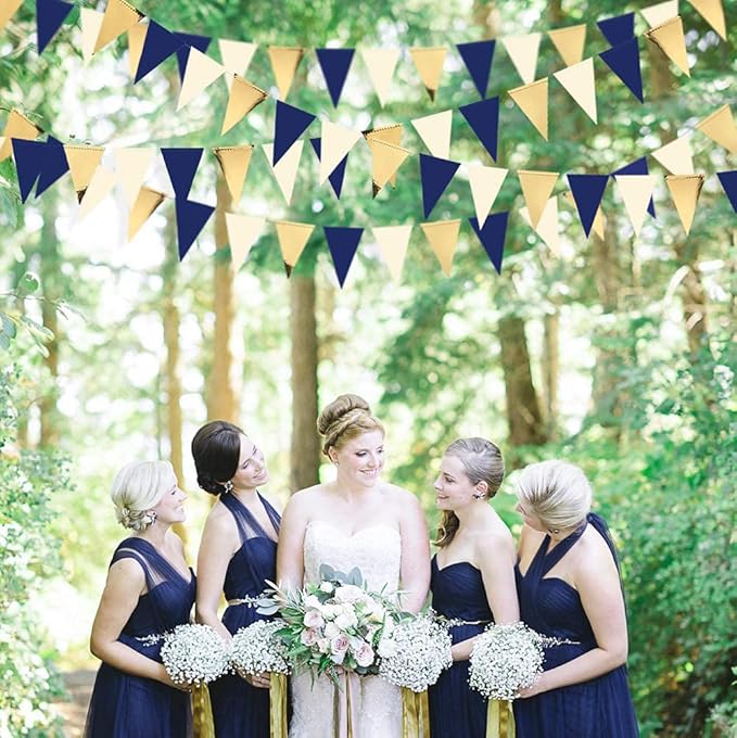 30Ft Navy Blue Gold and Beige Party Decorations Royal Blue Gold Triangle Flag - Image 6