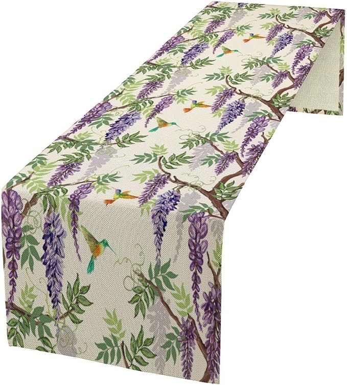 Vintage Bird Flower Table Runner Seasonal Spring Purple Wisteria Garden Plants by SHElifestyle