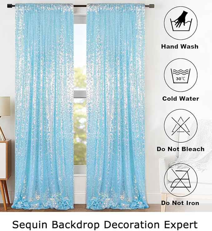 ShinyBeauty Iridescent Aqua Sequin Backdrop Curtain 5FTx10FT 2 Panels Photo - Image 6