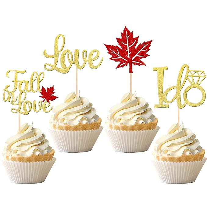 24 PCS Fall in Love Cupcake Toppers Glitter Maple Leaves Love I Do Cupcake - Image 9