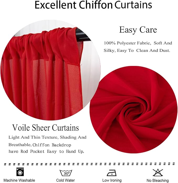 DUOBAO Chiffon Backdrop Curtain-2 Panels 29x108-Inch Red Wedding Fabric Drapes - Image 3
