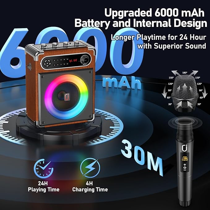 Karaoke Machine with 2 Wireless Microphones, 【Upgraded 6.5"Woofer & - Image 6