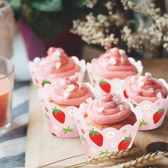 Whaline 36Pcs Strawberry Cupcake Wrappers Red Pink Strawberry Flower Cupcake - Image 5
