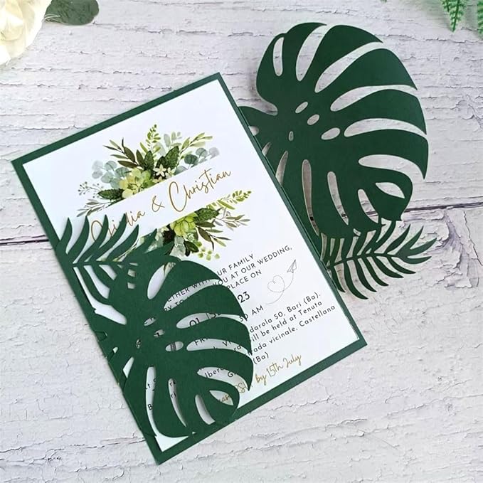 MillaSaw Emerage Green Laser Cut Invitation, Plame Wedding Laser Cut Jacket by MillaSaw