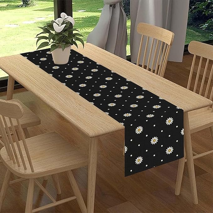 Daisy Floral Table Runner, Farmhouse Abstract Spring Seasonal Summer Blue White - Image 3