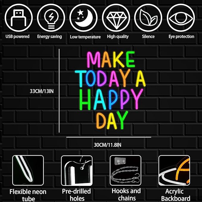 Make Today A Happy Day Neon Sign, Inspirational Colorful Letter Neon Light - Image 2