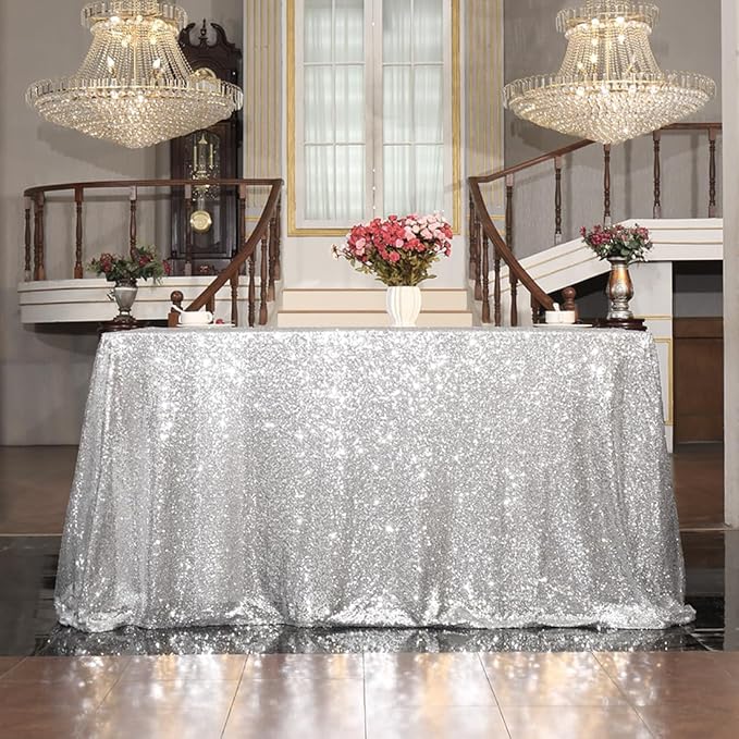 SquarePie Sequin Tablecloth 50 x 72 Inch Silver Sparkly Table Cloth - Image 3