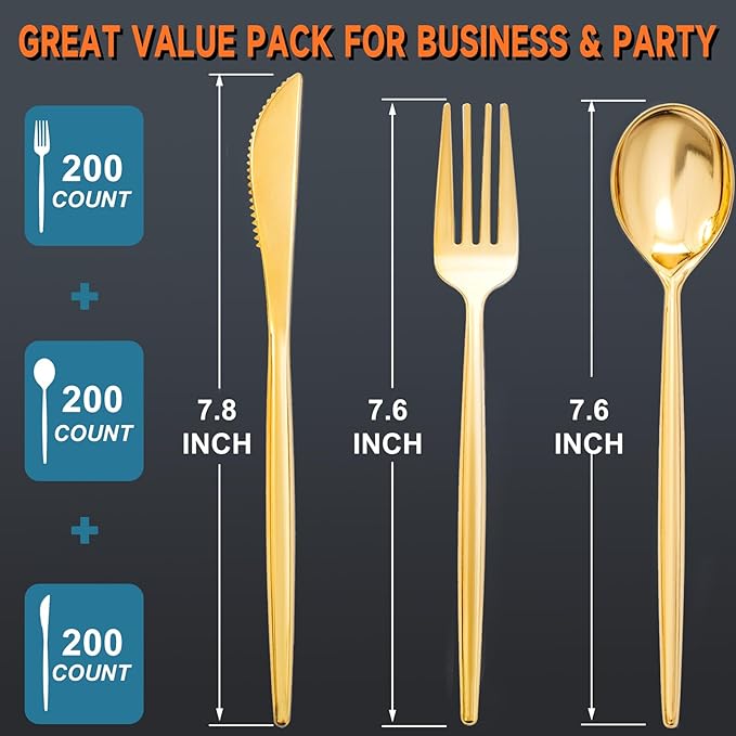 SUT 600 Pcs Gold Plastic Silverware, Heavy Duty Cutlery Set, Disposable - Image 5