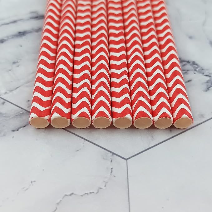 YAOSHENG Premium Disposable Waves Striped Drinking Paper Straws, Pack 100 Red - Image 6