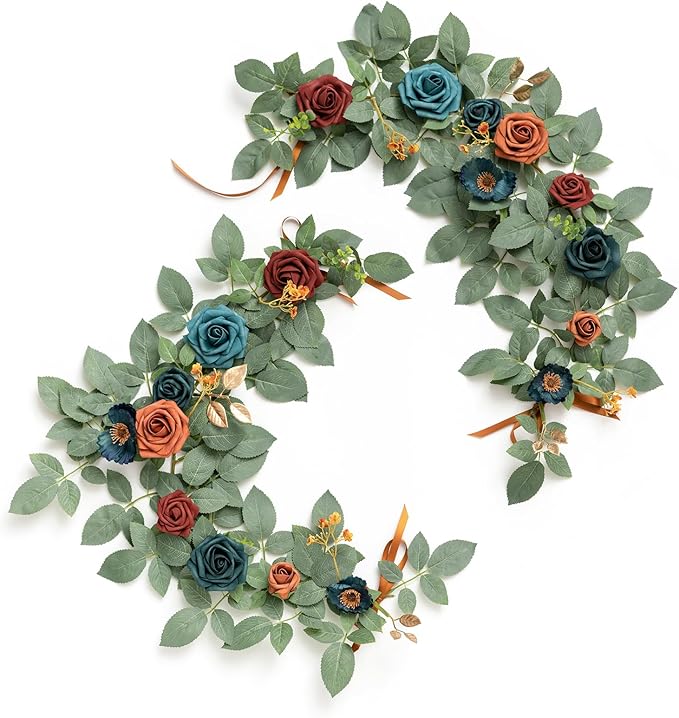 Ling's moment 2Pack 2ft Artificial Flowers Garland Teal Blue & Terracotta by LingsMoment