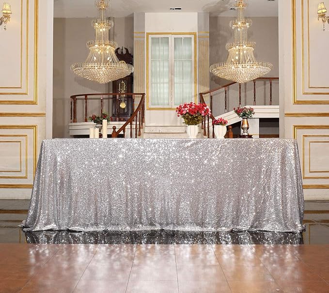 SquarePie Sequin Tablecloth 90 x 132 Inch Silver Sparkly Table Linen - Image 9