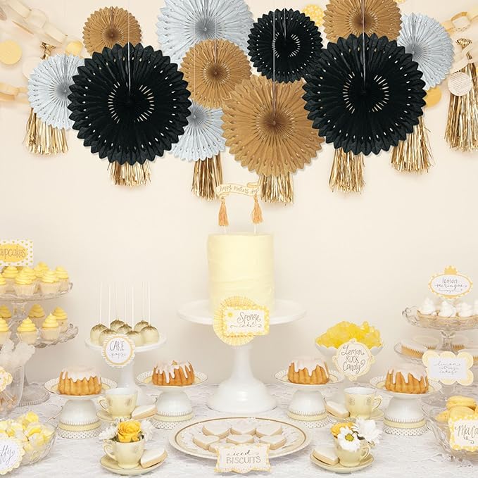18 Pcs Black Gary Gold Hanging Paper Fan, Hanging Honeycomb Round Paper Fans - Image 6