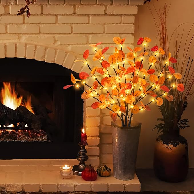 3Pcs Lighted Eucalyptus Leaves Branches, 30” Timer Fall Eucalyptus Stems - Image 5