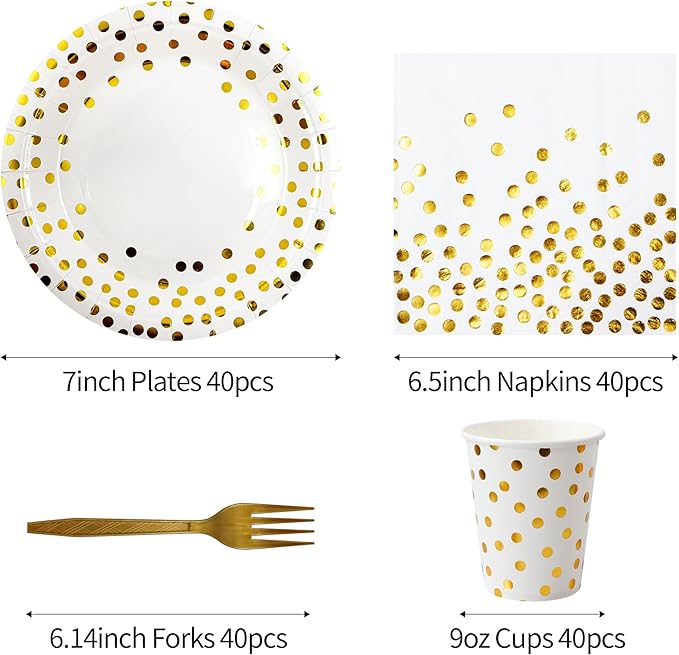 160 Pcs White and Gold Paper Plates, Forks and Cups Party Supplies, Disposable - Image 2