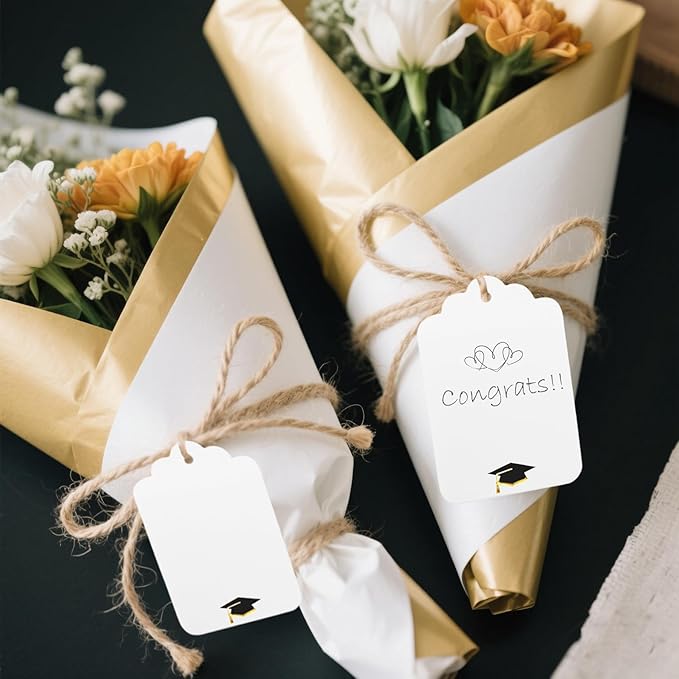 100Pcs Blank Gift Tags with String Foil Black Gold Grad Cap Large Paper Gift - Image 2