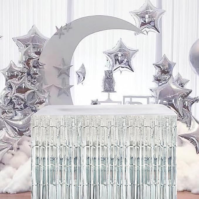 Silver Streamers Party Decorations, 2 Packs Silver Table Skirts Metallic Foil - Image 7