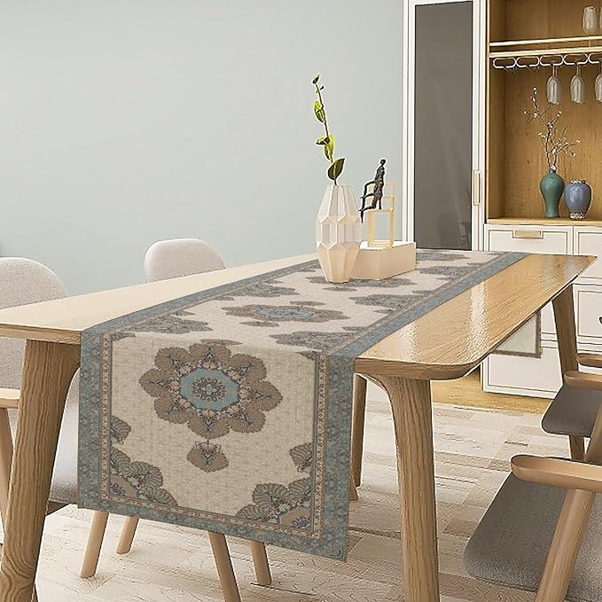 Boho Bohemia Style Table Runner, Vintage Teal Brown Retro Flower Rustic Country - Image 3