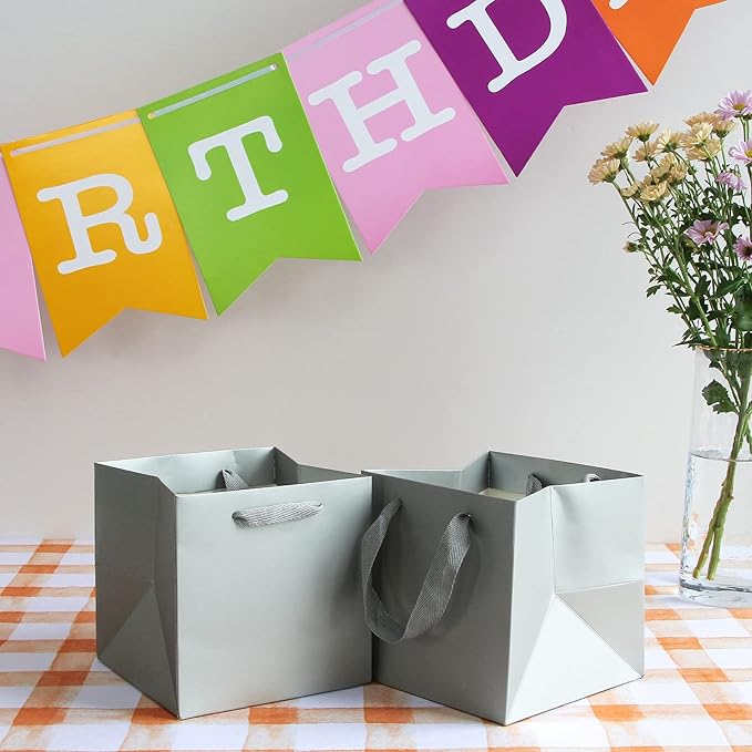 Silver Gray Paper Gift Bag Small Square Bottom Kraft Paper Bags - Image 6