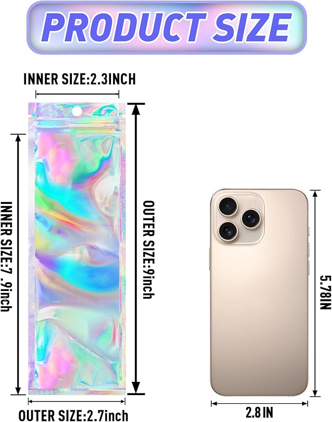 FUNFERY 100 Pack Holographic Bags Clear Window Resealable Bags - Image 2