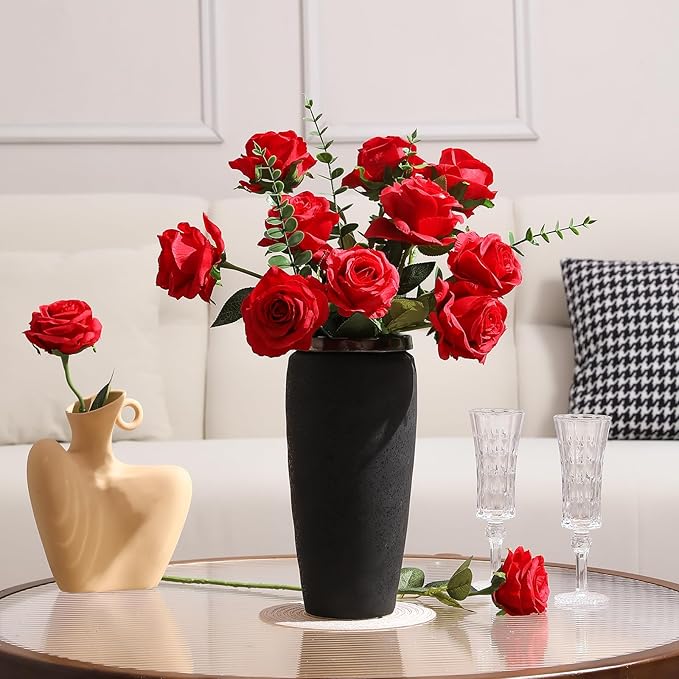 Tifuly 12 Pcs Red Roses Artificial Flowers, Realistic Long Stem Fake Silk Roses - Image 6