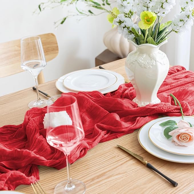 Asee'm 12PCS Fall Table Runner Cheesecloth 10FT Red Boho Gauze Fabric Rustic - Image 5