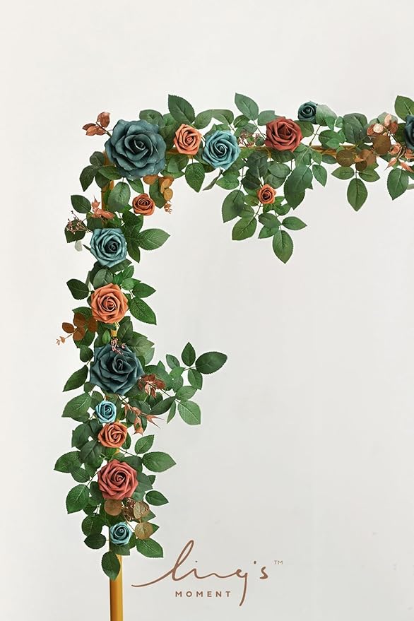 Ling's Moment 5FT Teal Blue Artificial Flower Garland Burnt Orange Rose - Image 3