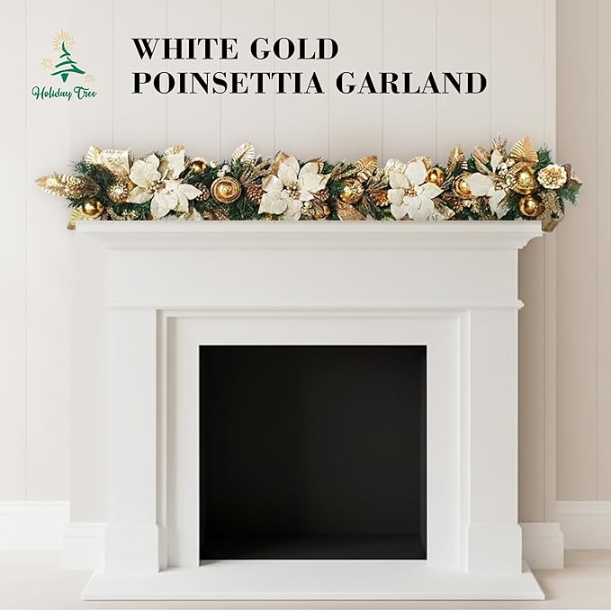 Holiday Tree White Gold Poinsettia Garland 5 Ft – Luxurious Christmas Garland - Image 2