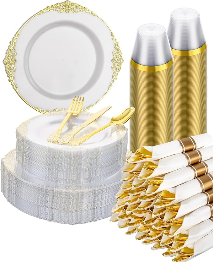 Goodluck 350 Piece Clear Gold Plastic Dinnerware Set by GoodLuck